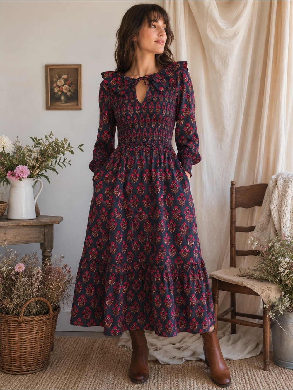 Pink City Prints 100% Cotton Floral Smocked Midi Dress Pockets Small Cottagecore